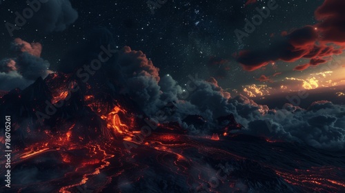 Majestic Volcanic Eruption under Starry Night Sky