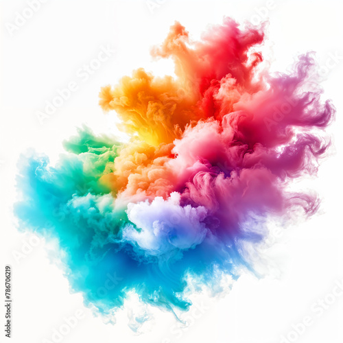 A vibrant explosion of colorful smoke, with hues ranging from pink to blue and yellow, creating a dynamic and eye-catching display against a white background.