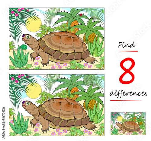 Find 8 differences. Illustration of a turtle in the African jungle. Logic puzzle game for children and adults. Page for kids brain teaser book. Developing to counting skills. Vector cartoon drawing.
