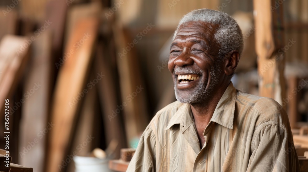 Joyful Elderly African Man Laughing Candidly in a Workshop Joyful Elderly African Man Laughing Candidly in a Workshop