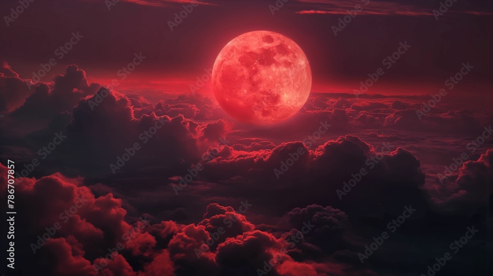 Dramatic blood moon looming over a surreal landscape of dense, cloud-wrapped mountain peaks at dusk.. Dramatic blood moon looming over a surreal landscape of dense, cloud-wrapped mountain peaks at dusk..