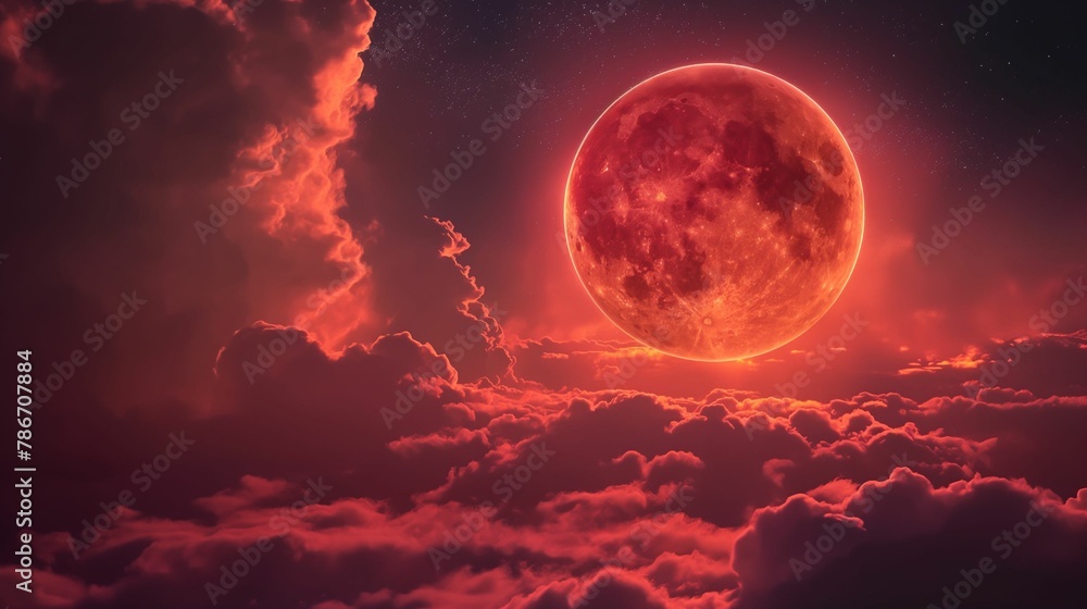 Dramatic blood moon looming over a surreal landscape of dense, cloud-wrapped mountain peaks at dusk.. Dramatic blood moon looming over a surreal landscape of dense, cloud-wrapped mountain peaks at dusk..