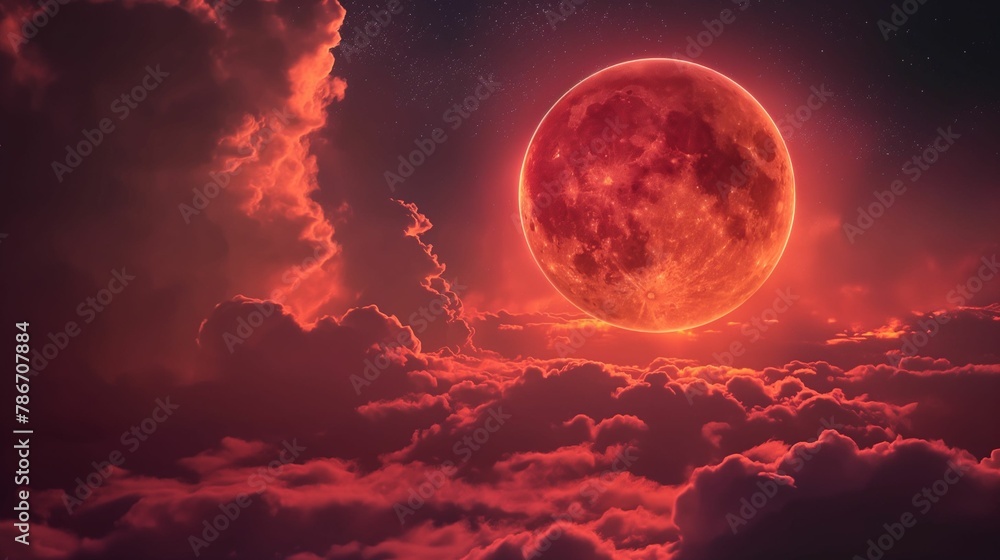 Dramatic blood moon looming over a surreal landscape of dense, cloud-wrapped mountain peaks at dusk..