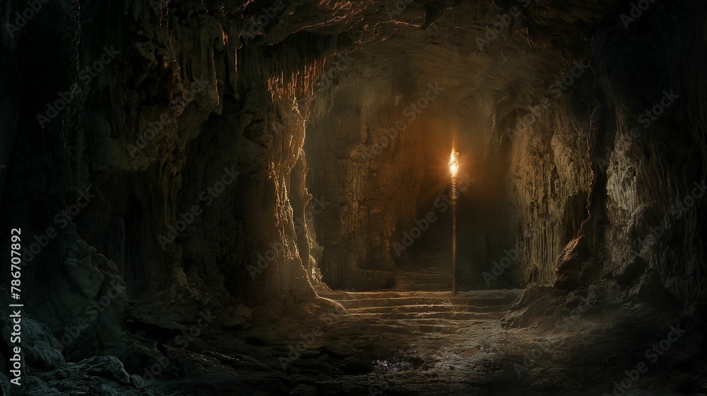 A solitary torch burns brightly, casting a warm glow against the rugged textures of a mysterious underground cave.