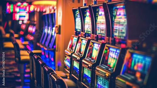 A vibrant row of colorful casino slot machines, illuminated and inviting, set against a blurred background..