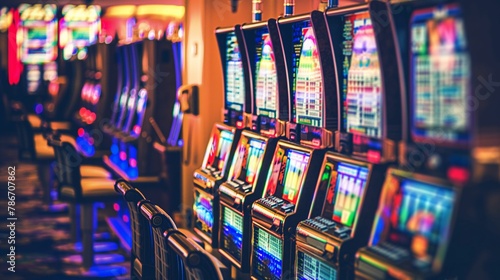 A vibrant row of colorful casino slot machines, illuminated and inviting, set against a blurred background..