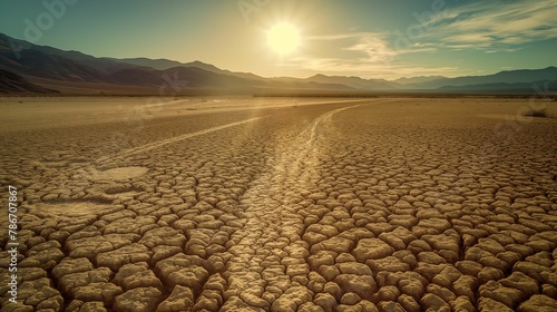 Expansive view of a dry  cracked desert floor with sparse vegetation under a clear sky  showing signs of drought..