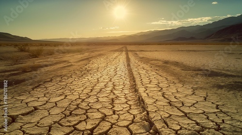 Expansive view of a dry, cracked desert floor with sparse vegetation under a clear sky, showing signs of drought..