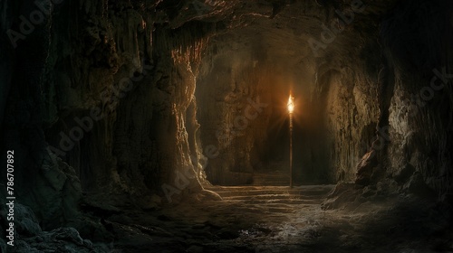 A solitary torch burns brightly, casting a warm glow against the rugged textures of a mysterious underground cave.