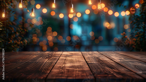 Wooden table, blurred bokeh background background. Neon light, night view, close-up. The general background of the interior, a dark background