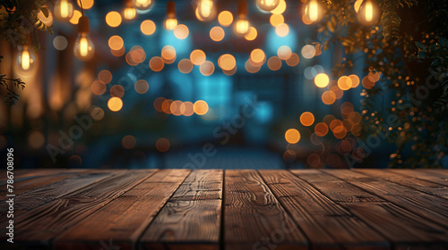 Wooden table, blurred bokeh background background. Neon light, night view, close-up. The general background of the interior, a dark background