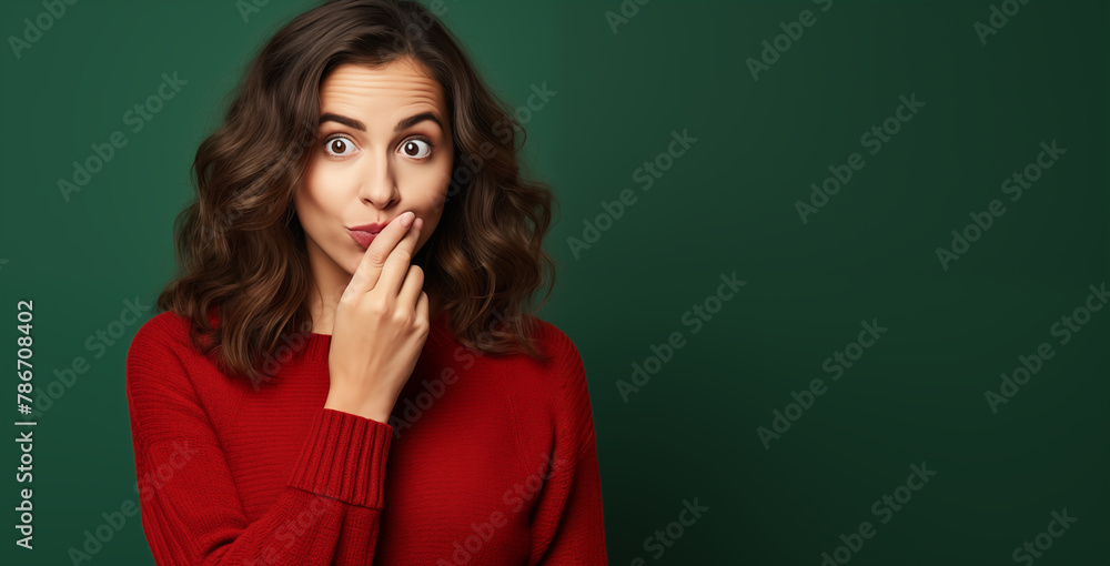 A woman's expressive face captures a playful moment of surprise, her finger pressed to her lips, standing out against a deep green background. A woman's expressive face captures a playful moment of surprise, her finger pressed to her lips, standing out against a deep green background.