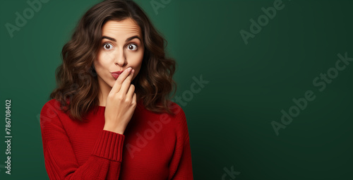 A woman's expressive face captures a playful moment of surprise, her finger pressed to her lips, standing out against a deep green background.