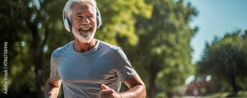 An elderly man with a beaming smile enjoys his morning run in the park, showcasing vitality and a zest for life amidst lush greenery.