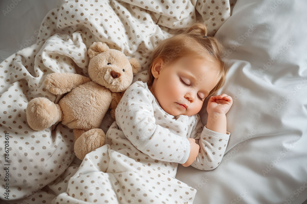 Cute little baby girl sleeps in her bed with toy teddy bear. View from above Cute little baby girl sleeps in her bed with toy teddy bear. View from above