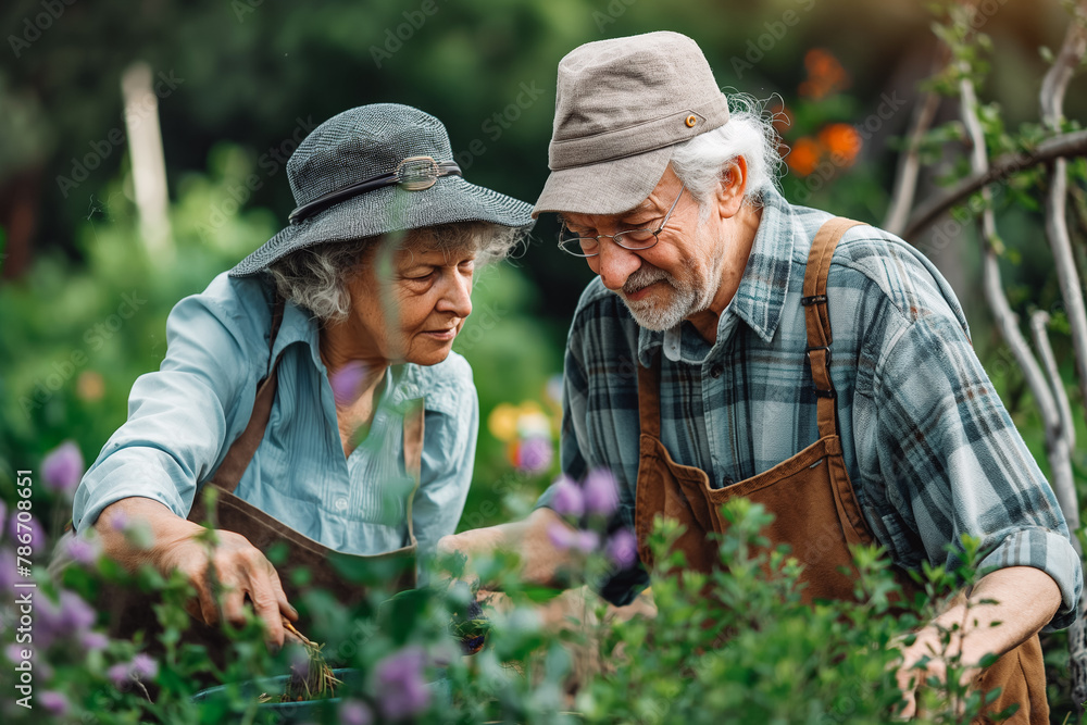 Elderly senior couple harvesting herbs in garden during summer