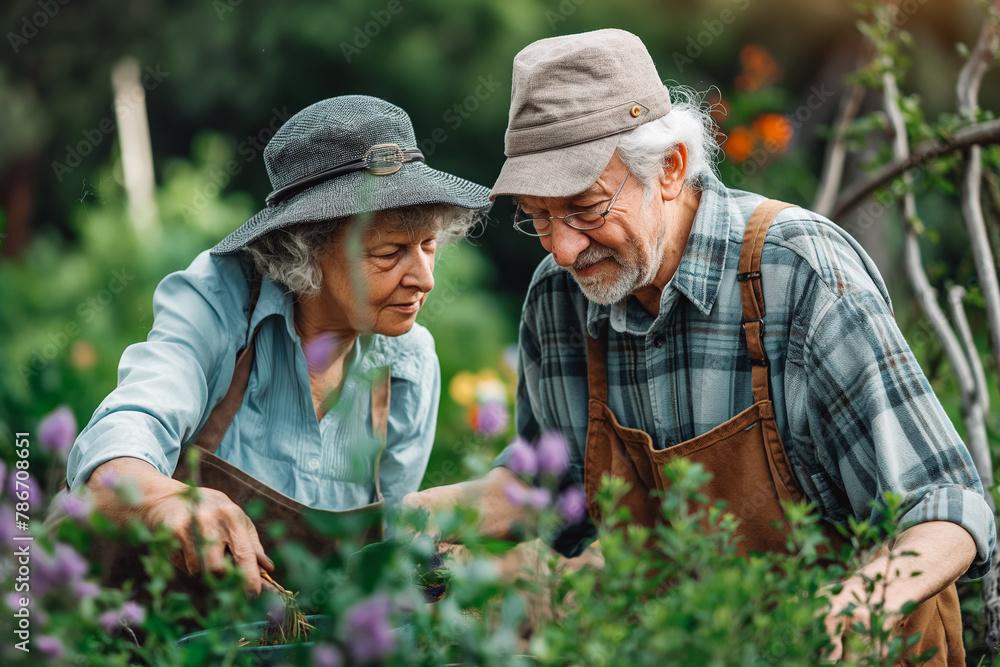 Fototapeta premium Elderly senior couple harvesting herbs in garden during summer