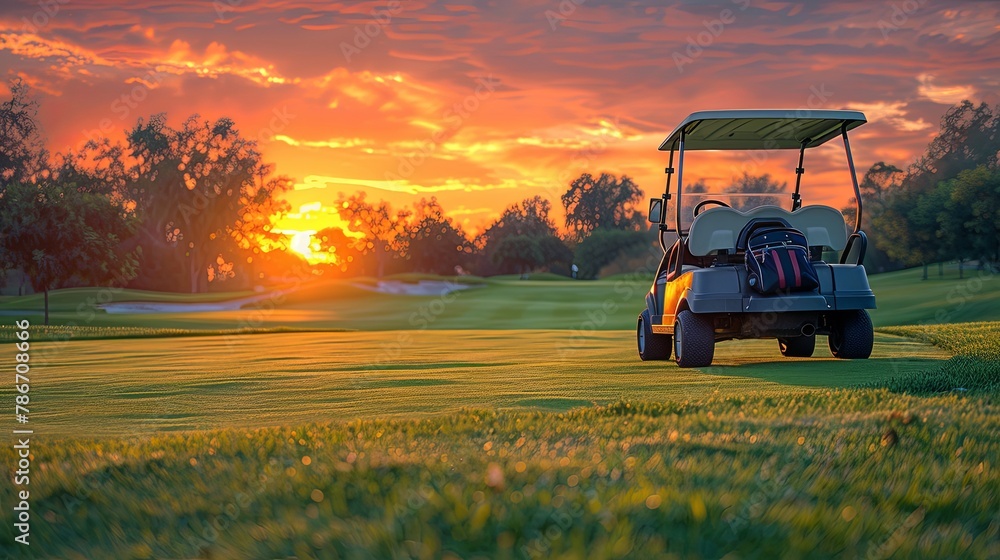Serene Sunset Golf Cart Awaiting the Next Swing Serene Sunset Golf Cart Awaiting the Next Swing