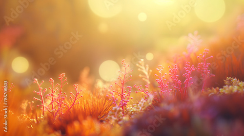 A field of flowers with a bright orange and pink hue © ninenat