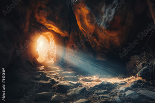 Empty tomb with stone rocky cave and light rays bursting from within. Easter resurrection of Jesus Christ. Christianity, faith, religious, Christian Easter concept