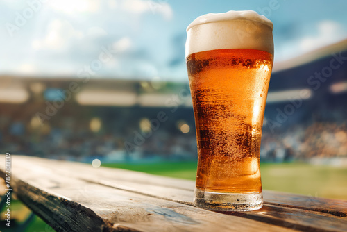 Glass of fresh and cold beer on soccer, American football stadium background photo