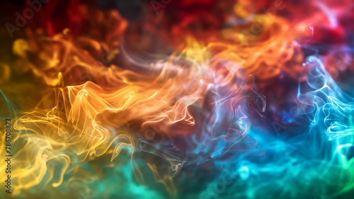 Vivid multicolored smoke swirls dynamically across the frame, blending red, yellow, and blue hues on a dark background.