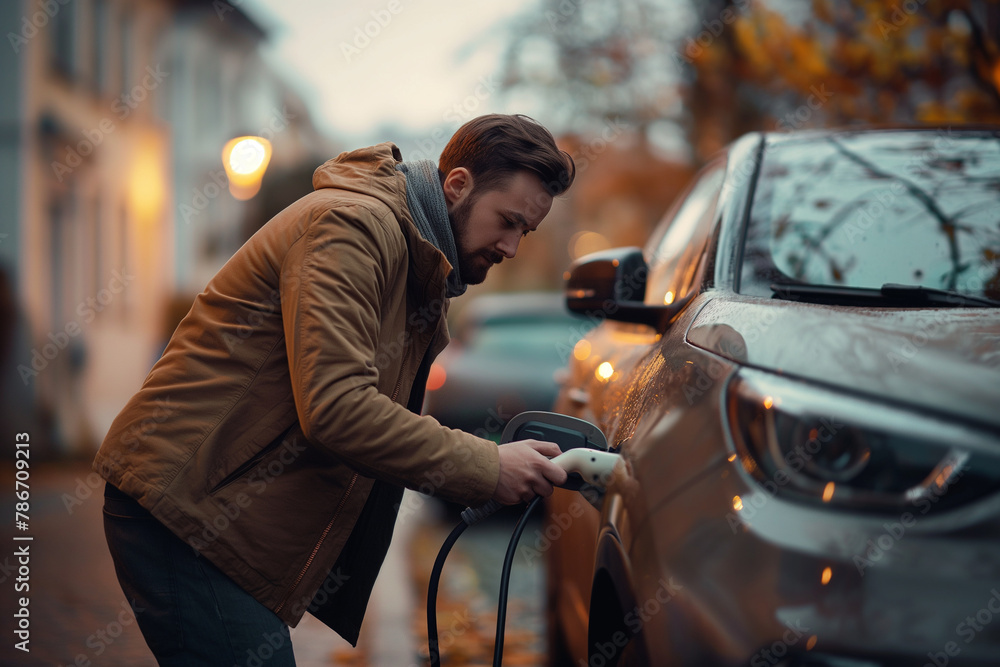 A man is charging his electric car