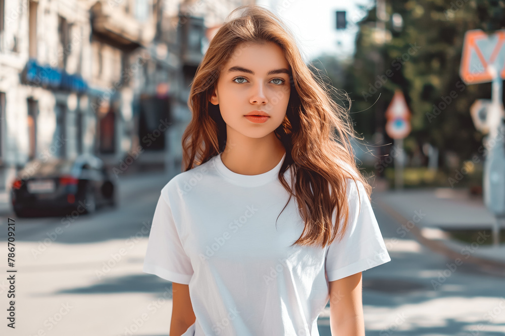 Mockup.Young girl in blank white tshirt in city street. Mock up template for t-shirt design print