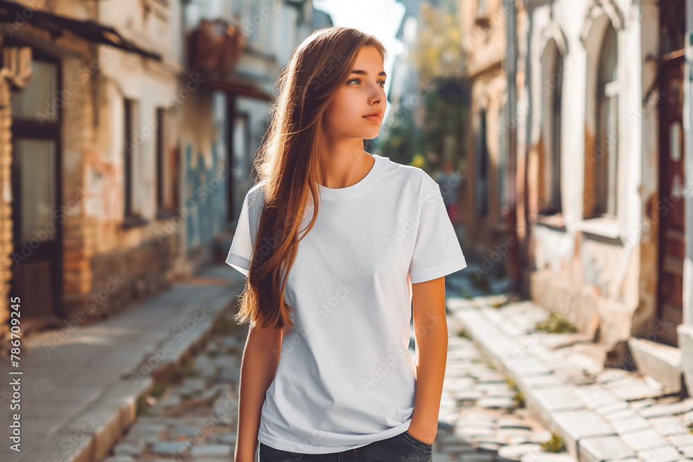 Fototapeta premium Mockup.Young girl in blank white tshirt in city street. Mock up template for t-shirt design print