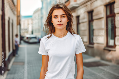 Mockup.Young girl in blank white tshirt in city street. Mock up template for t-shirt design print