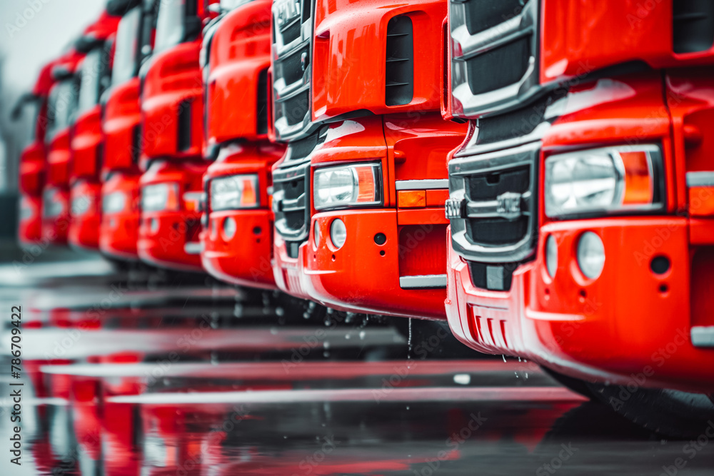 Naklejka premium Parking lot with row of new modern red trucks. Close up front.