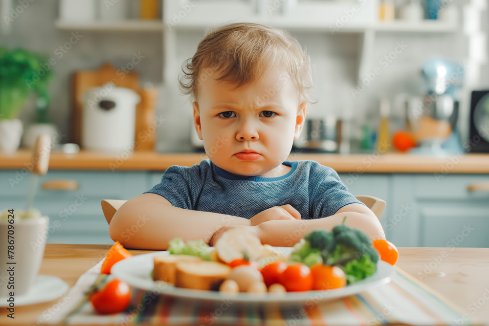 Unhappy small grumpy kid sitting in front of plate with healthy food in kitchen at home. Children healthcare concept Unhappy small grumpy kid sitting in front of plate with healthy food in kitchen at home. Children healthcare concept