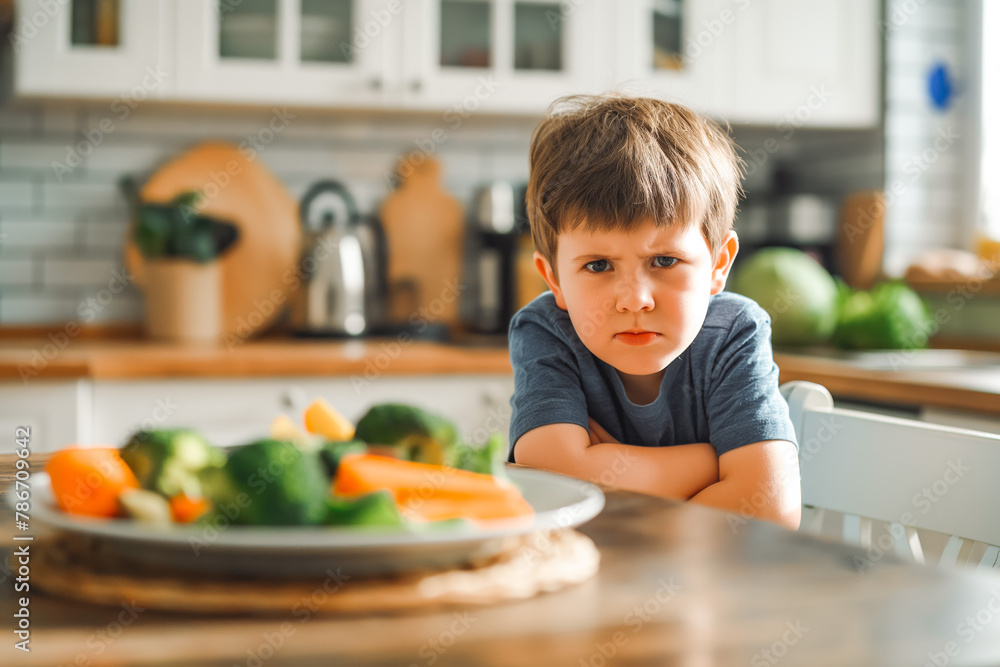 Unhappy small grumpy kid sitting in front of plate with healthy food in kitchen at home. Children healthcare concept Unhappy small grumpy kid sitting in front of plate with healthy food in kitchen at home. Children healthcare concept