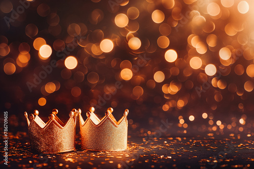 Three gold shiny crowns on festive background. Three Kings day or Epiphany day holiday celebration night background