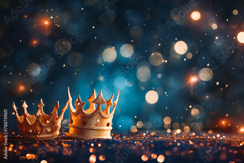 Three gold shiny crowns on festive background. Three Kings day or Epiphany day holiday celebration night background