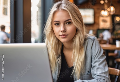 Girls work on their laptop sitting in a cafe