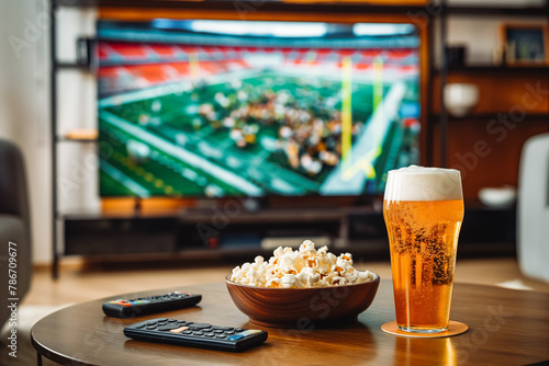 Watching football match o at home. View to glass of beer, bowl of popcorn, remote control on table in front of modern tv with American football stadium photo