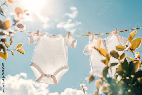 White baby clothes hanging on laundry line outdoors. Baby onesie bodysuits dries on rope in the fresh air on sunny day photo