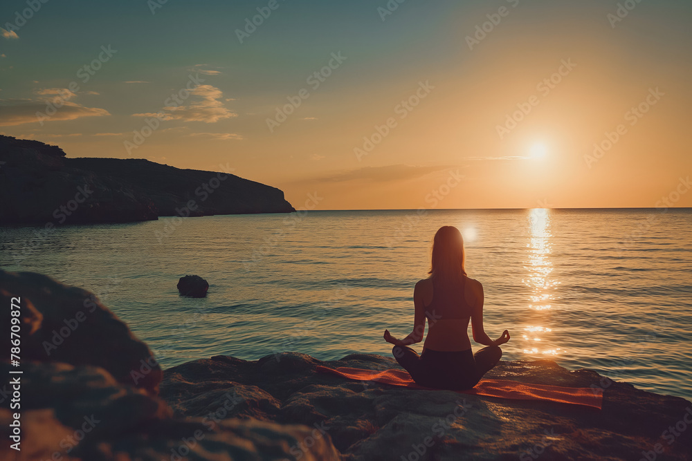Young woman practice yoga and meditation near the sea at sunrise, healthy lifestyle concept, lotus position