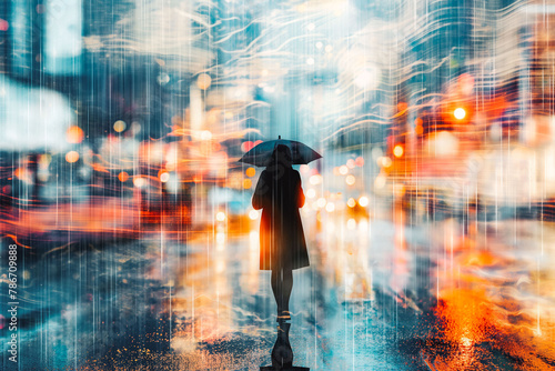 Young woman with umbrella walking in rainy day. City street in evening overcast weather. Double exposure effect with glitchy elements