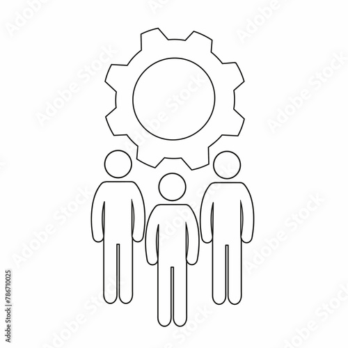contour line icon, teamwork, symbol of teamwork people and gear, pictogram, silhouettes of human figures, colleagues, collaboration, symbol of business direction, illustration highlighted on a white b