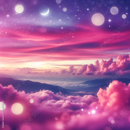 Purple unicorn background. Pastel watercolor sky with glitter stars and bokeh. Fantasy galaxy with holographic texture. Magic marble space.