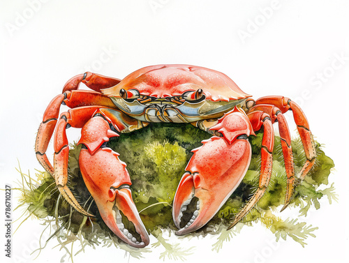 A crab is sitting on a mossy rock photo