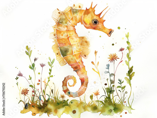 A yellow seahorse is swimming in a field of flowers