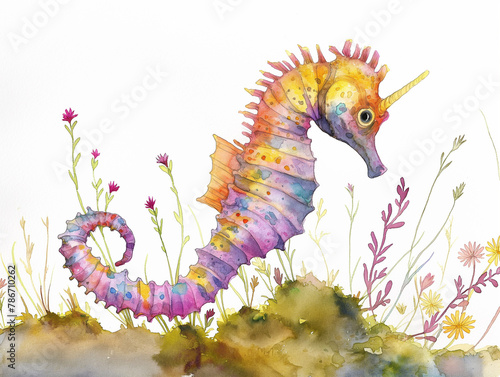 A colorful unicorn is swimming in a field of flowers