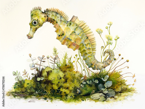 A seahorse is swimming in a green and brown field