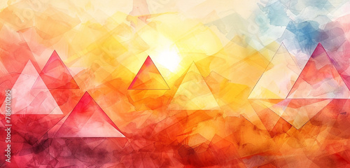 Abstract watercolor triangles dissolve into a warm sunset background, forming a dynamic pattern bursting with intensity and color. photo