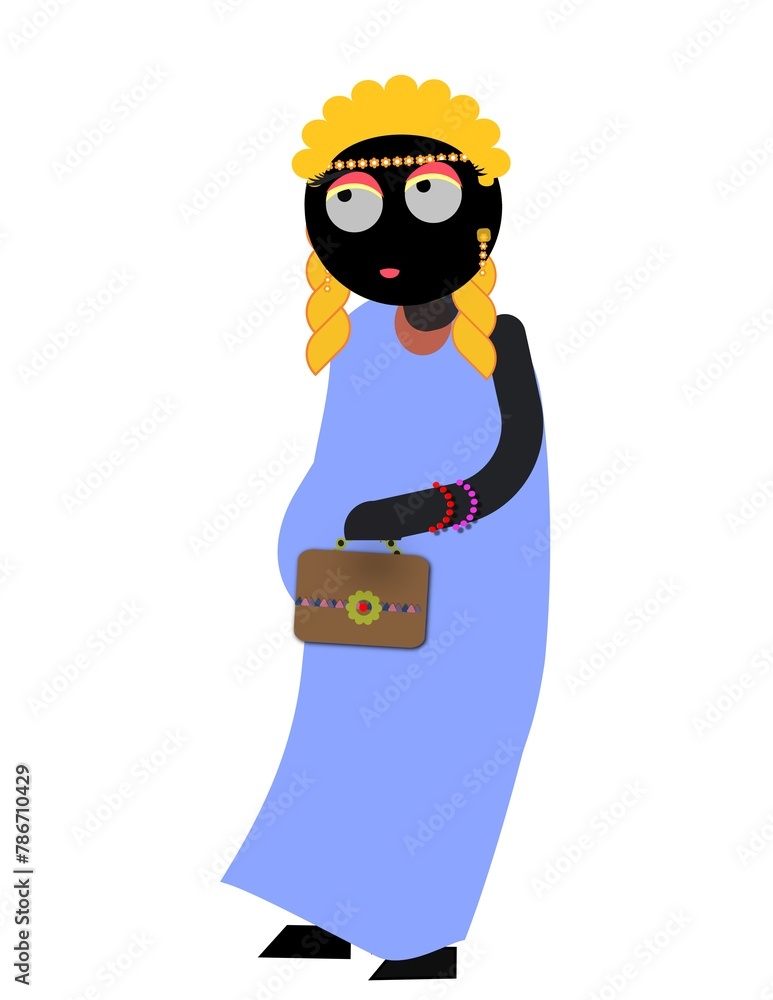 A cartoon woman is holding a purse and standing on a white background