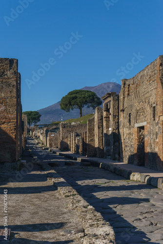 Roman street on a sunny day through the Ruins of Pompeii, Campania, Italy