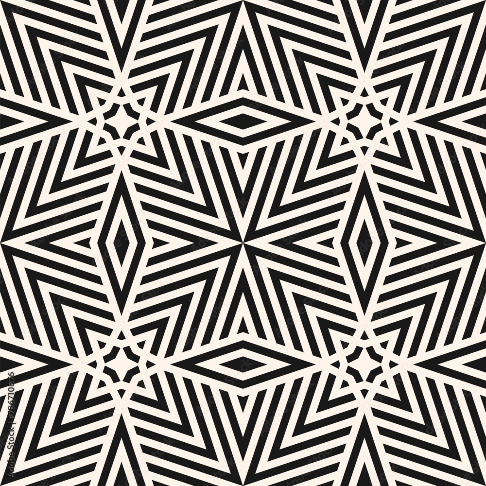 Geometric line vector seamless pattern. Simple black and white texture with stripes, lines, stars, diamonds, chevron. Abstract subtle linear graphic background. Modern monochrome repeated geo design Geometric line vector seamless pattern. Simple black and white texture with stripes, lines, stars, diamonds, chevron. Abstract subtle linear graphic background. Modern monochrome repeated geo design